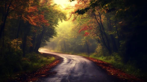 Forest Road with Autumn Canopy and Directional Sunlight