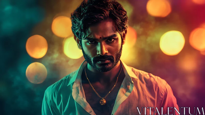 Man stares directly at camera under colorful defocused lights