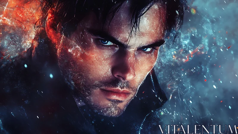 Storm-lit antihero gazes through fire and ice-lit shadows