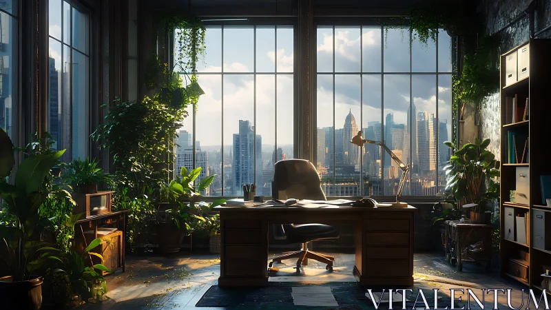 Biophilic loft office overlooking high rise urban skyline.