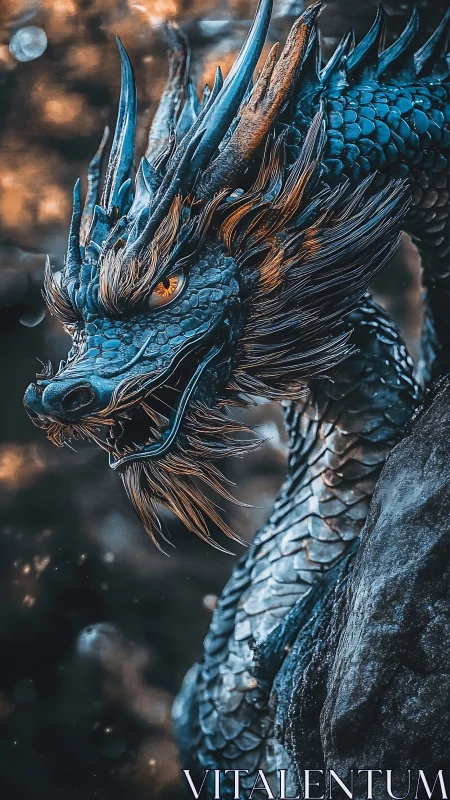 Blue scaled dragon close-up with detailed horns and mane.
