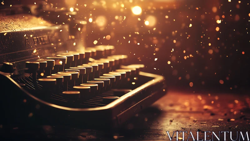 Glowing vintage typewriter in a storm of golden dust.