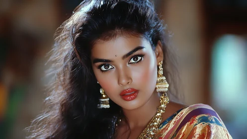 Intense gaze of woman in ornate sari and gold jewelry portrait.
