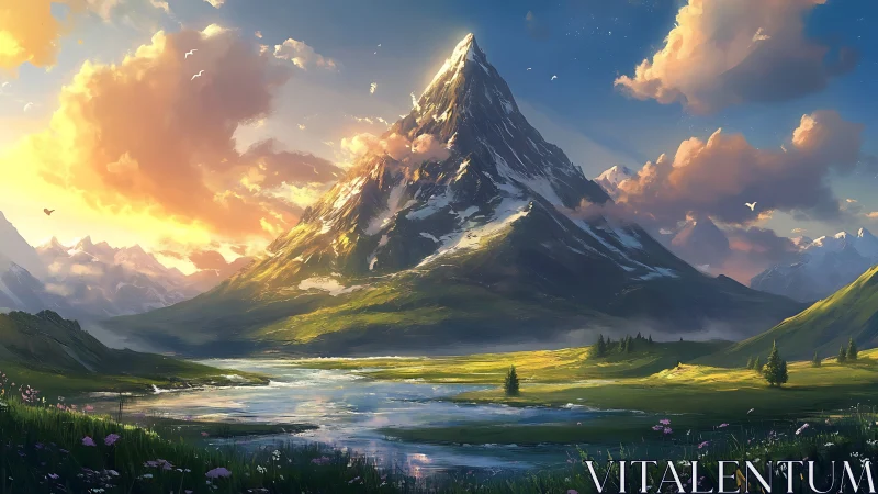 Glacial peak under volumetric sunset clouds, riverine valley panorama.