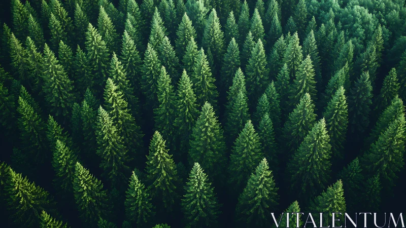 Dense Evergreen Pine Forest Aerial View in Natural Green Tones.