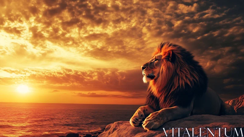 Male lion on coastal rock at sunset under dense clouds.