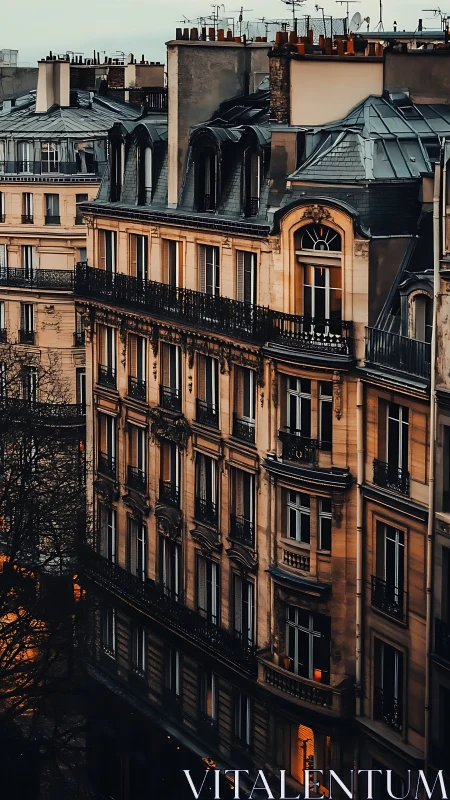 Dusky Parisian facades catching the last embers of daylight.