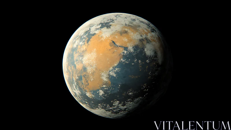Rendered rocky exoplanet with oceans on black background.