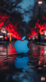 Blue Apple Logo Rain Reflections Urban Dusk.