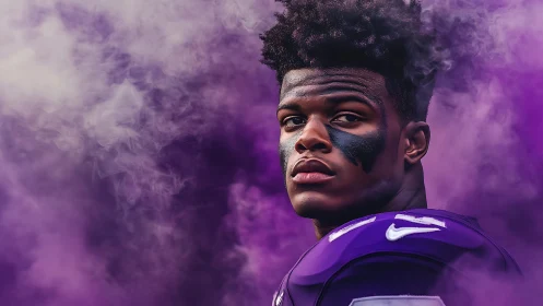 Football player in purple uniform stands in dense purple smoke