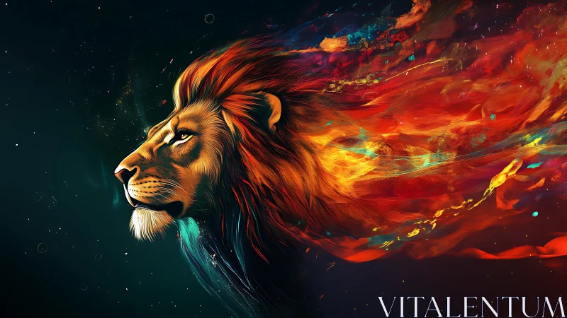 Majestic lion profile with fiery abstract chromatic mane.