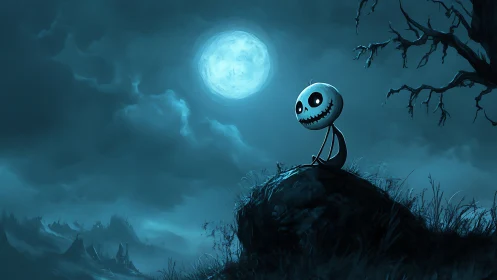 Skeletal cartoon figure on hill under large full moon.