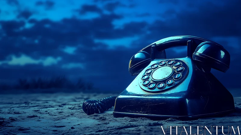 Retro rotary desk telephone on sandy ground at blue hour