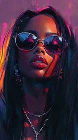Neon-lit woman in reflective sunglasses dominates bold portrait