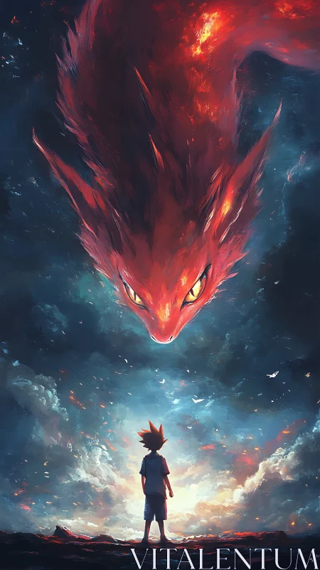 Boy standing under vast fiery dragon spirit in sky.