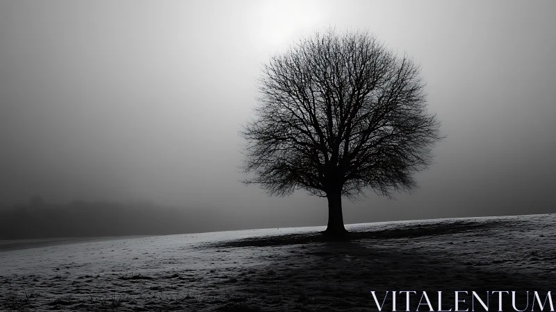 Solitary deciduous tree silhouetted on a misty winter slope