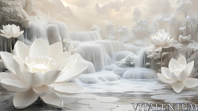 Digital painting of ethereal white lotus cascade landscape.