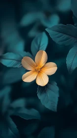 Five-petaled flower with warm center surrounded by teal foliage.