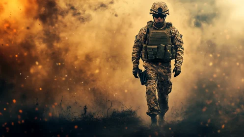 Soldier in modern combat gear walking through smoke field.