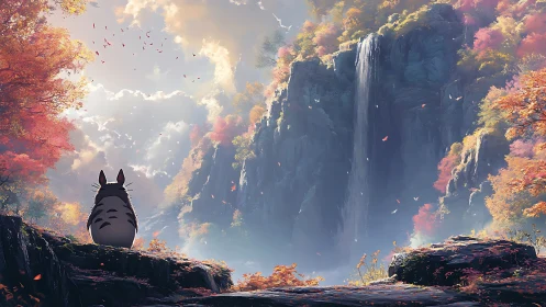 Forest creature observing misty waterfall valley scene.