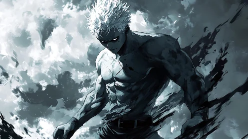 White-haired warrior emerges from storming ink shadows.