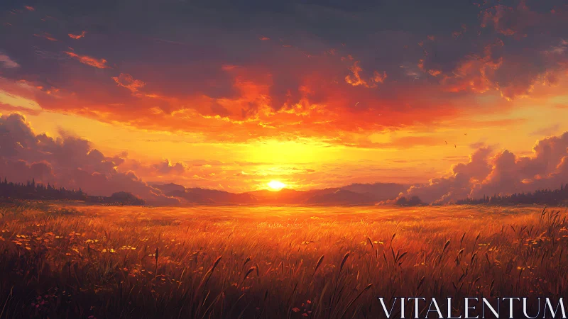 Sunfire horizon pouring gold across a wildflower prairie.