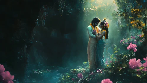 Volumetric Lighting Renders Mythological Figures in Ornate Floral Garden Setting