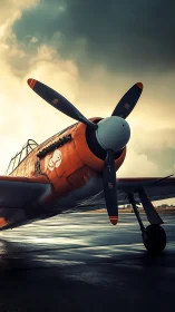 Stormlit vintage propeller plane on wet runway at dusk.