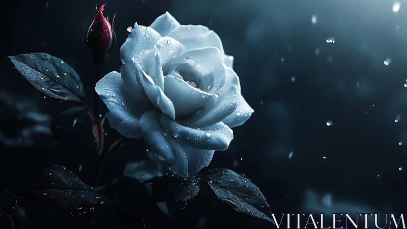 Luminous White Rose Adorned with Dewdrops in Moonlight