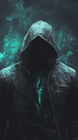 Cyberpunk hooded wraith with teal energy core portrait framing.