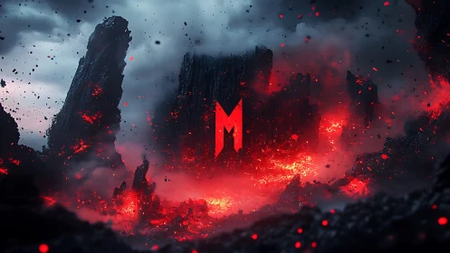 Monolithic red emblem hovers above erupting lava chasm.
