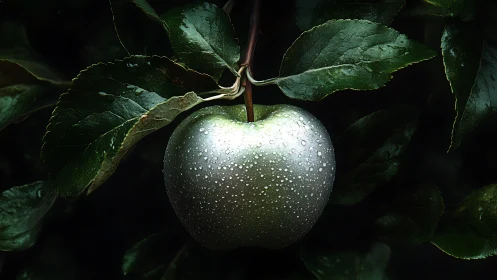 Metallic dew-soaked apple suspended in shadowed foliage.