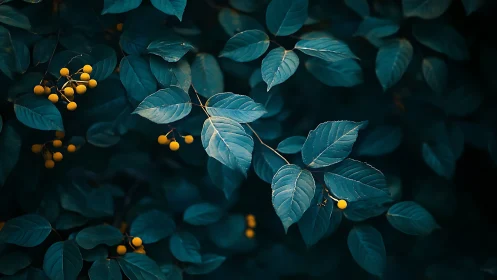 Dark green foliage with yellow berries in moody natural light.