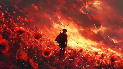 Silhouetted figure standing amid blazing red flower field