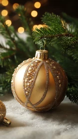 Golden Christmas bauble glows softly amid pine branches