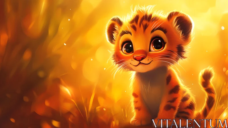 Playful baby tiger glows in warm golden sunset light
