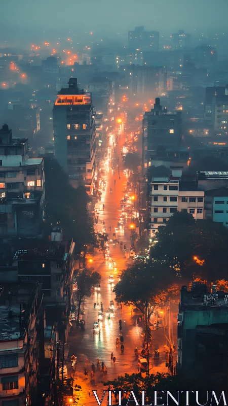 Dense city avenue at night in rain with orange streetlights.