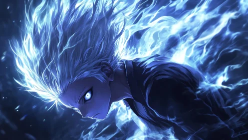 White haired anime character charges forward in blue flames