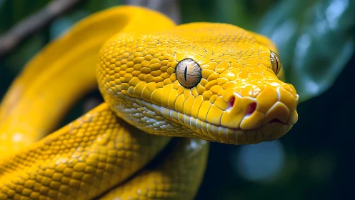 Golden tree python coils in sharp macro jungle focus.