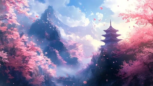 Pagoda among luminous cherry blossoms and misted peaks.