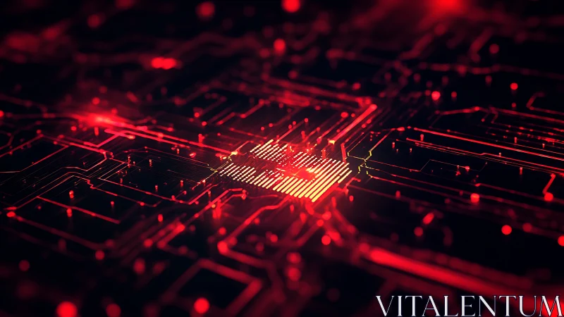 Glowing red processor core illuminates abstract digital circuit