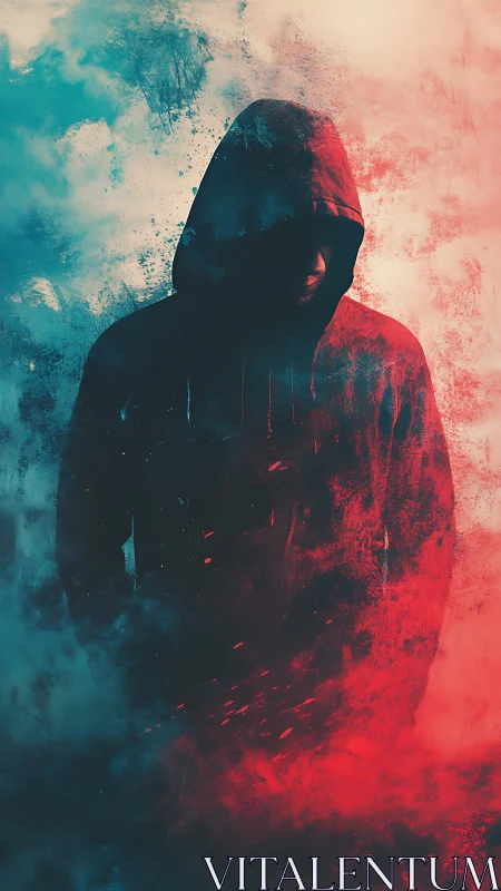 Hooded figure silhouette bisected by cyan-red atmospheric gradients
