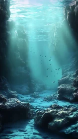 Underwater rock canyon shows light shafts and sparse fish