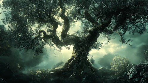 Ancient forest guardian tree stretches into a misty sunrise