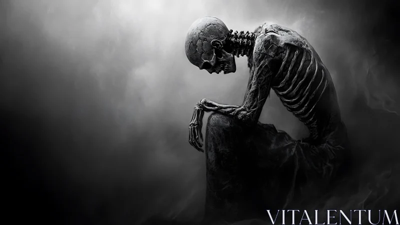 Skeletal figure seated in fog, hunched in stark profile.