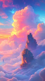Floating stone peaks rise through vivid pink sunset clouds.