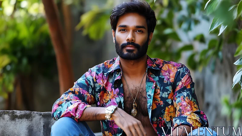 Floral-shirt muse lounges in lush backyard spotlight