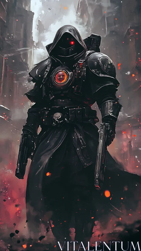 Cybernetic enforcer in ash-choked ruin with incendiary palette.