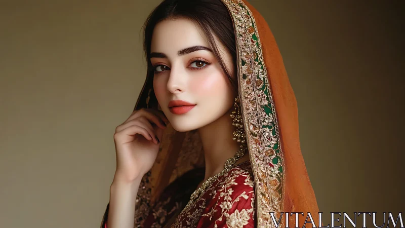 Portrait of woman in ornate traditional embroidered attire.
