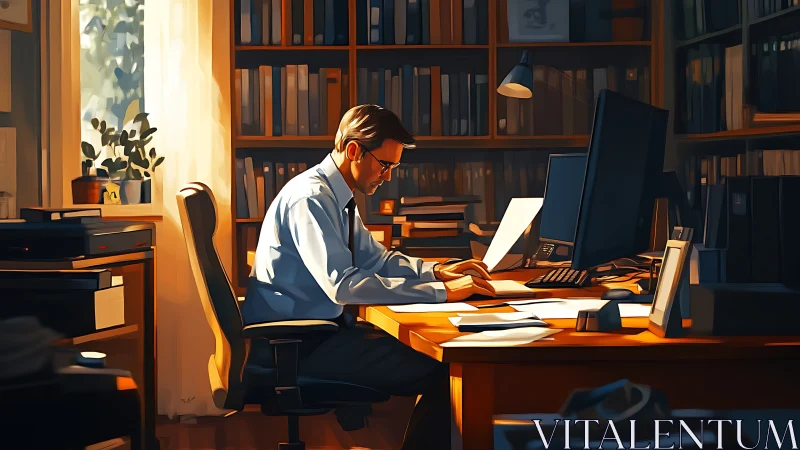 Professional Knowledge Worker Engaged with Computational Apparatus in Ambient Ochre Illumination Set